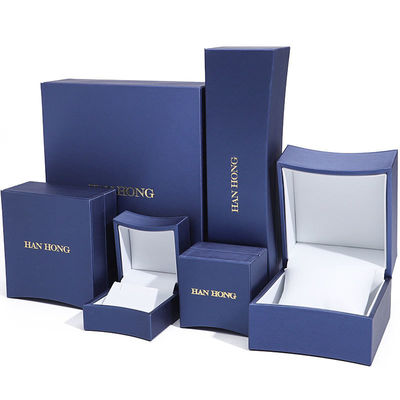 Custom logo achthoekige sieraden verpakkingsdoos in blauw leer voor halsketting oorbellen Ring