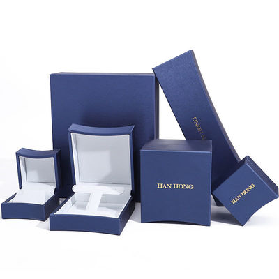 Custom logo achthoekige sieraden verpakkingsdoos in blauw leer voor halsketting oorbellen Ring