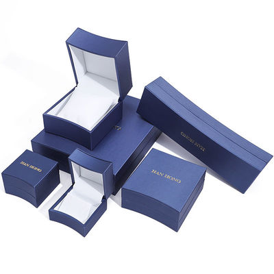 Custom logo achthoekige sieraden verpakkingsdoos in blauw leer voor halsketting oorbellen Ring