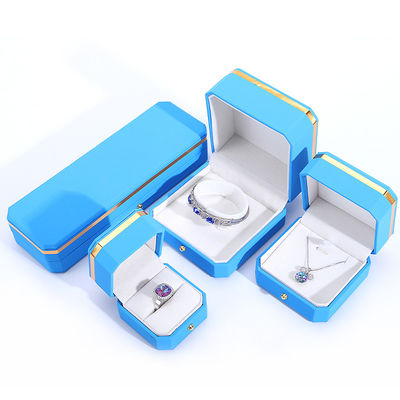 Blauwe PU lederen cadeauwrap juwelen doos voor Hanhong achthoekige metalen knop Custom logo