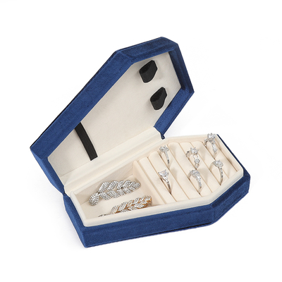 Op maat gemaakte organisator opslag blauw fluweel juwelen reisdoos OEM kerstjuwelen cadeaubon